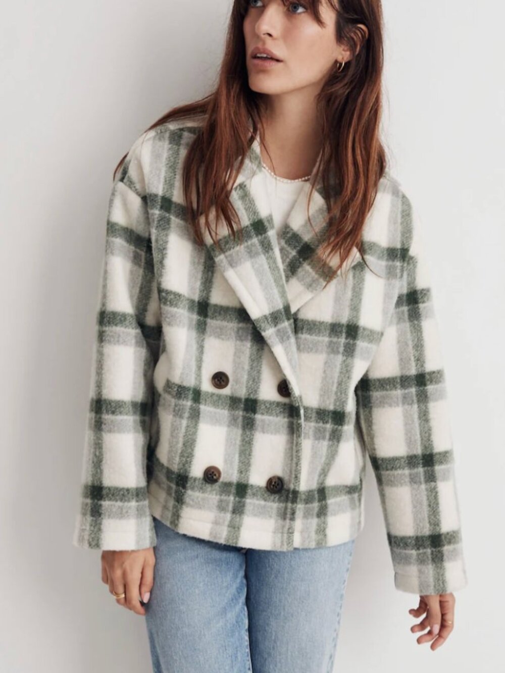 Madewell Women’s Green and White Plaid Jacket Sz Small